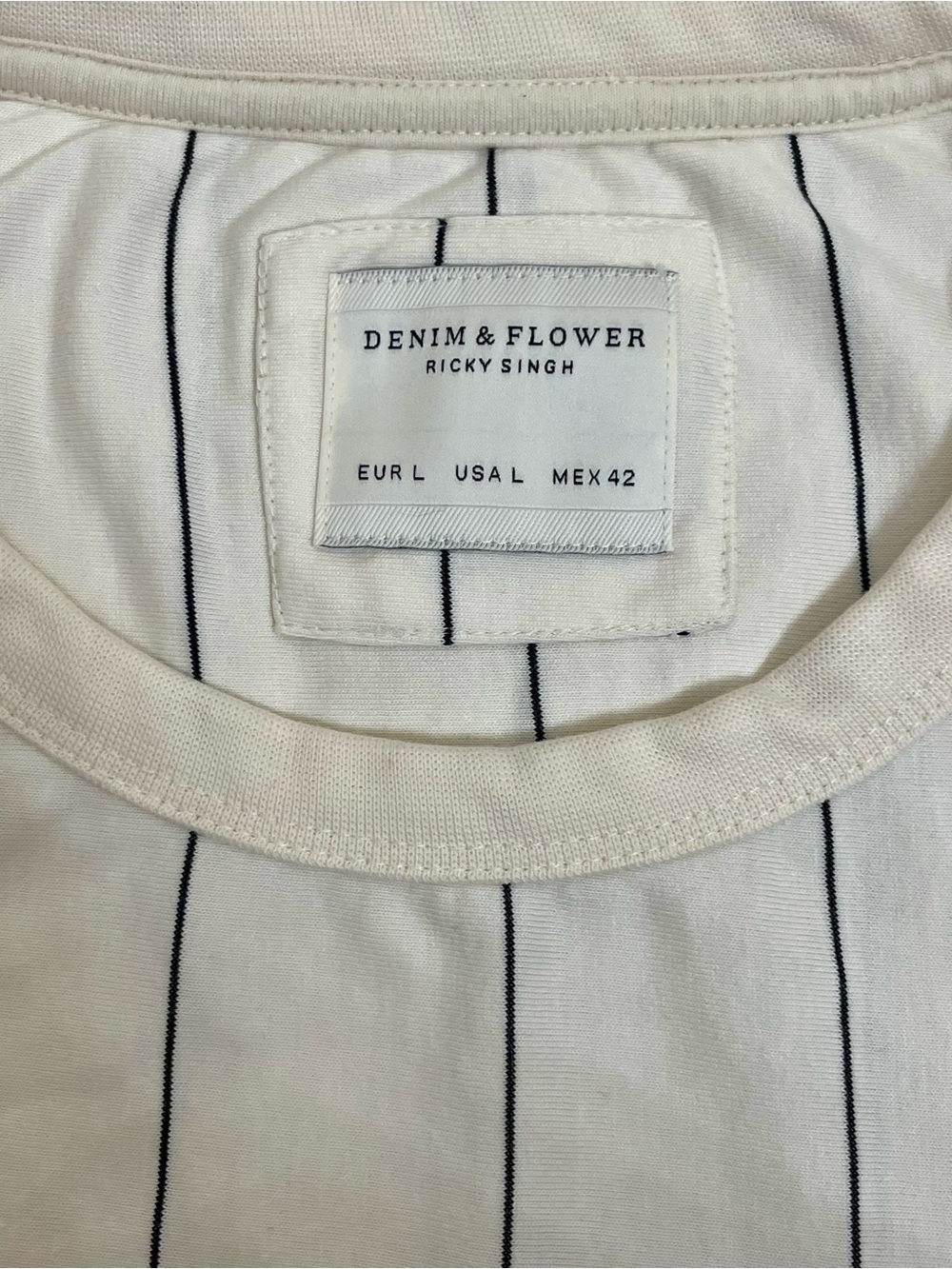 Denim & Flower Cream Tee with Black Pinstripes - Picture 3 of 6